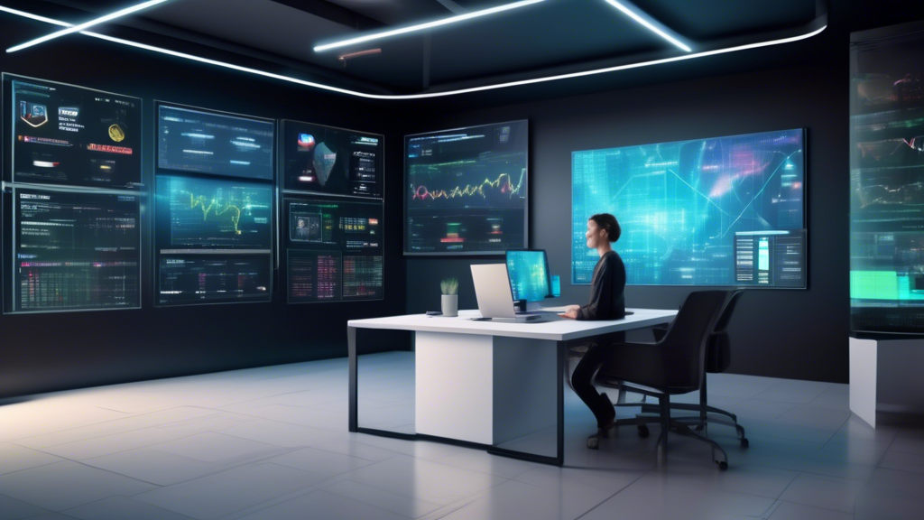 Create an image that features an individual in a modern, high-tech office setting, carefully analyzing a large, interactive digital screen showing various features of different automated crypto trading platforms. The screen highlights factors such as cost and fees, educational resources, and user reviews. The background includes sleek computer setups and floating holographic charts displaying positive user feedback and industry expert evaluations, emphasizing the meticulous consideration involved in choosing the best automated crypto trading platform.