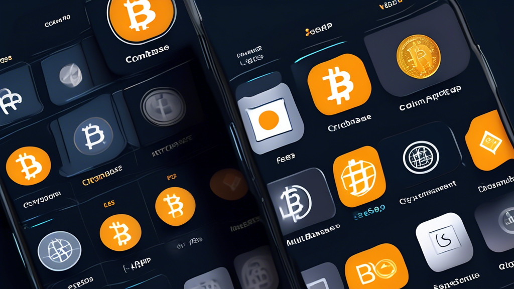 Create an image of a smartphone displaying a side-by-side comparison of multiple cryptocurrency investment apps similar to Coinbase. Each app screen should showcase key features, transaction fees, security measures, and user interface designs. The background should be visually engaging with cryptocurrency icons, like Bitcoin and Ethereum, and modern tech elements. The overall design should emphasize a professional and informative approach.