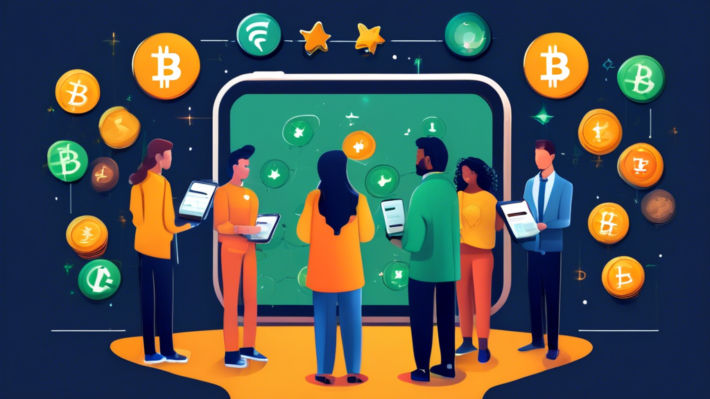 Create an image that shows a group of diverse individuals thoughtfully evaluating different cryptocurrency investment apps on their smartphones. The apps should clearly resemble popular crypto trading platforms but with unique logos. Surrounding them, include symbols such as stars, checkmarks, and graphs to represent different evaluation factors like security, usability, and transaction fees. Caption the image with: Comment Choisir l