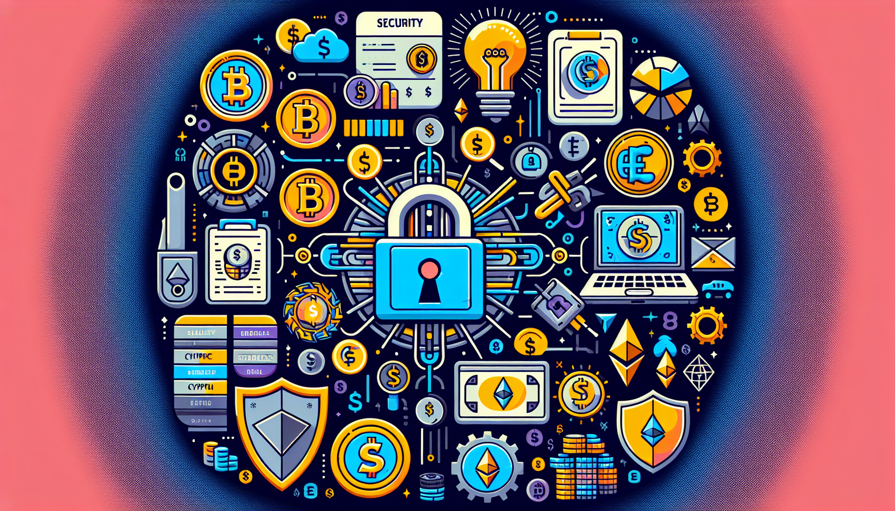 A comprehensive illustration depicting the key factors to consider when choosing the best cryptocurrency exchange in the USA. The image includes visual elements representing security (padlock icon), fees and charges (dollar sign), supported cryptocurrencies (various crypto logos like Bitcoin, Ethereum), user-friendliness (user interface, support icon), and risk minimization tips (shield icon). All these elements are creatively arranged around the central theme of digital trading to convey an informative and cohesive message.