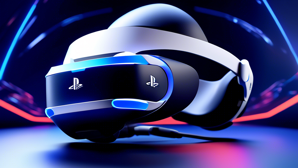 A high-tech, sleek visual representation of the PlayStation PSVR2 headset, highlighting its innovative features like enhanced controllers, improved resolution, and advanced tracking technology. The background should be a futuristic gaming environment, showcasing the rich, immersive experience made possible by the PSVR2’s cutting-edge technical specifications.