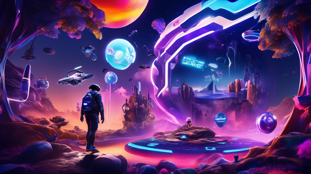 Prompt for DALL-E: 

A dynamic and immersive digital scene showcasing a variety of game titles and genres designed for the PlayStation PSVR2. The image should include vibrant renderings of popular game icons, such as futuristic landscapes, fantasy worlds, and realistic simulations, highlighting the diversity of content. Surrounding these visuals, include VR headset icons and subtle depictions of developers innovatively creating new content, indicating strong developer support and a rich future content pipeline.