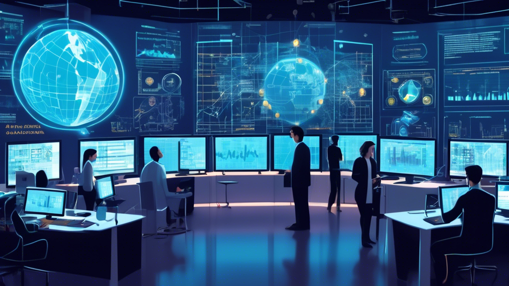 A digital illustration of a research lab at the Cambridge Centre for Alternative Finance, with scientists and analysts working on digital screens showing charts, graphs, and data related to cryptocurrency. Include visual elements like Bitcoin symbols, blockchain networks, and a globe in the background to signify the global impact of their research. Make sure to incorporate shelves with academic reports and papers, highlighting the depth of their published work on cryptocurrency.