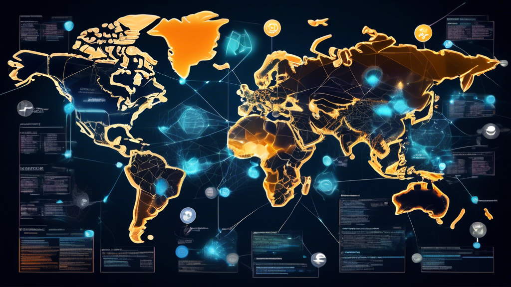 A detailed futuristic world map with interconnected nodes representing global cryptocurrency activities and influences, with the Cambridge Centre for Alternative Finance (CCAF) at the center as a modern, advanced research hub. The map shows digital data flows and connections from the CCAF to various regions and financial markets worldwide, highlighting its impact on regulators, investors, and industry leaders. Include subtle elements like graphs, charts, and digital interfaces to emphasize the data-driven research and global insights provided by the CCAF, illustrating its pivotal role in shaping the future of the cryptocurrency ecosystem.