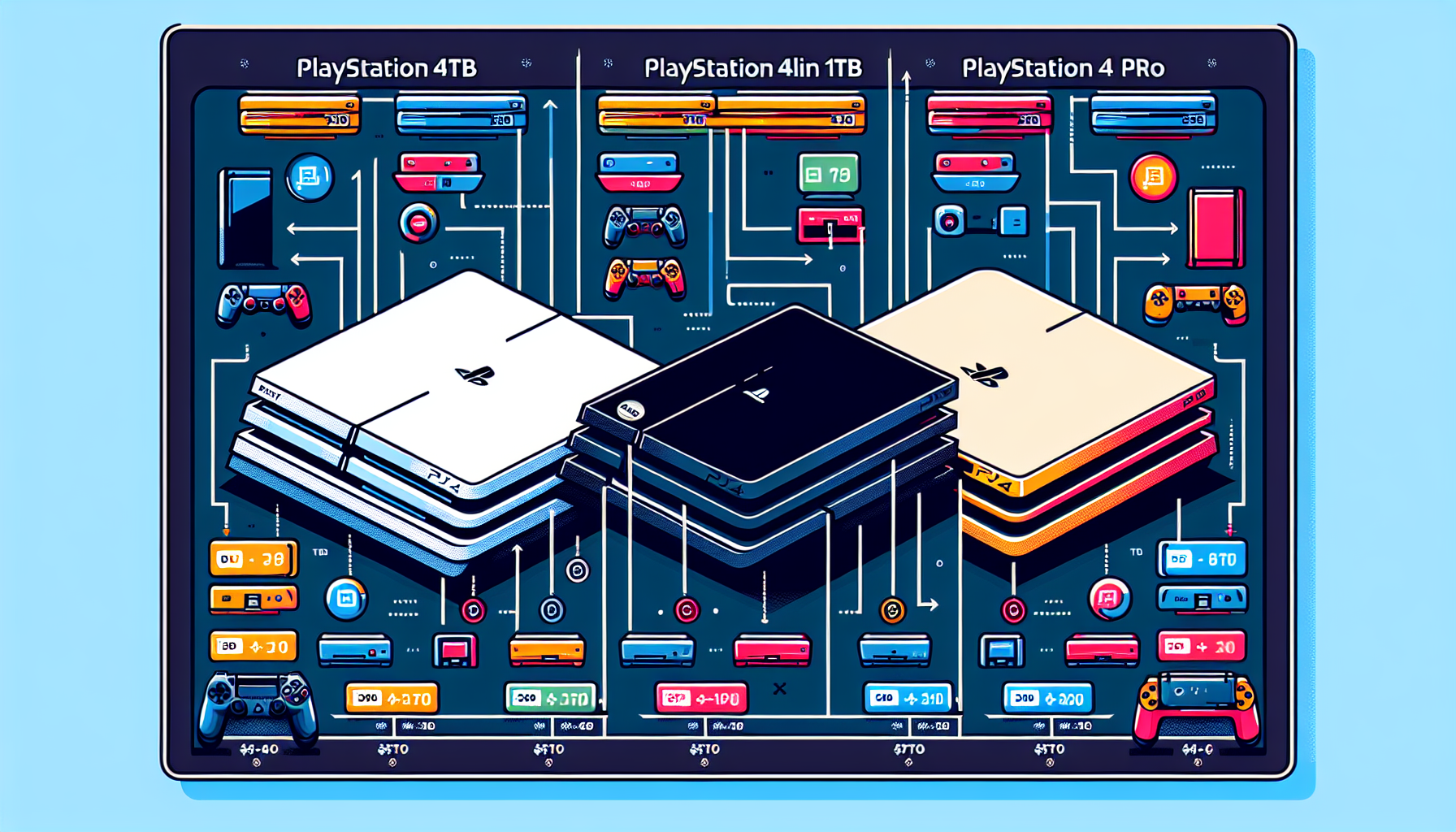 Create an image comparing three different PlayStation models: the PlayStation 4 Slim 1TB, the original PlayStation 4, and the PlayStation 4 Pro. Arrange the consoles side by side to highlight their size, design differences, and key specifications. Include labels and arrows pointing to significant features and price tags to create an informative visual comparison.