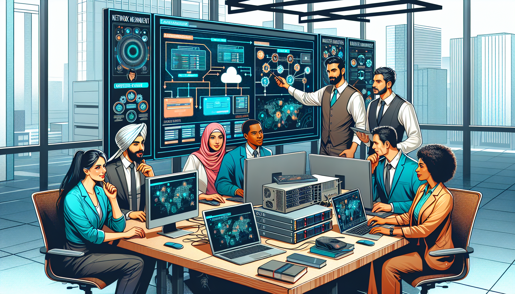 Create an image that shows a modern office setting where a diverse group of IT professionals are working together. One person is pointing at a computer screen displaying the DNSSmartProxy dashboard, while others have laptops open referencing a step-by-step setup guide. Include visual elements like network cables, a server rack, and technology-related posters on the wall. The overall atmosphere should be collaborative and focused, highlighting the implementation process of DNSSmartProxy in a network environment.