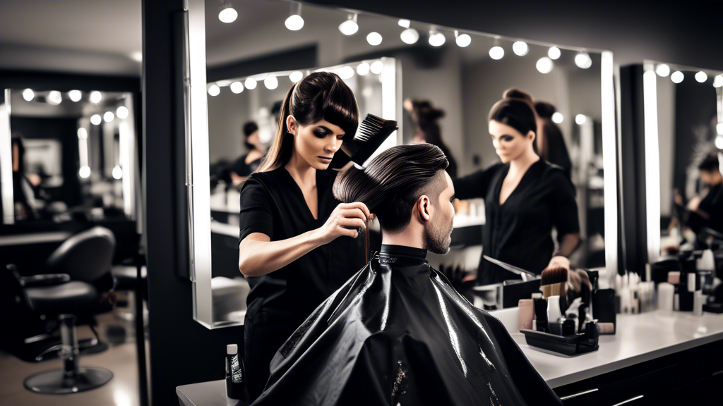 Create an image of a professional hair stylist in a modern salon, expertly applying black hair foil to a client