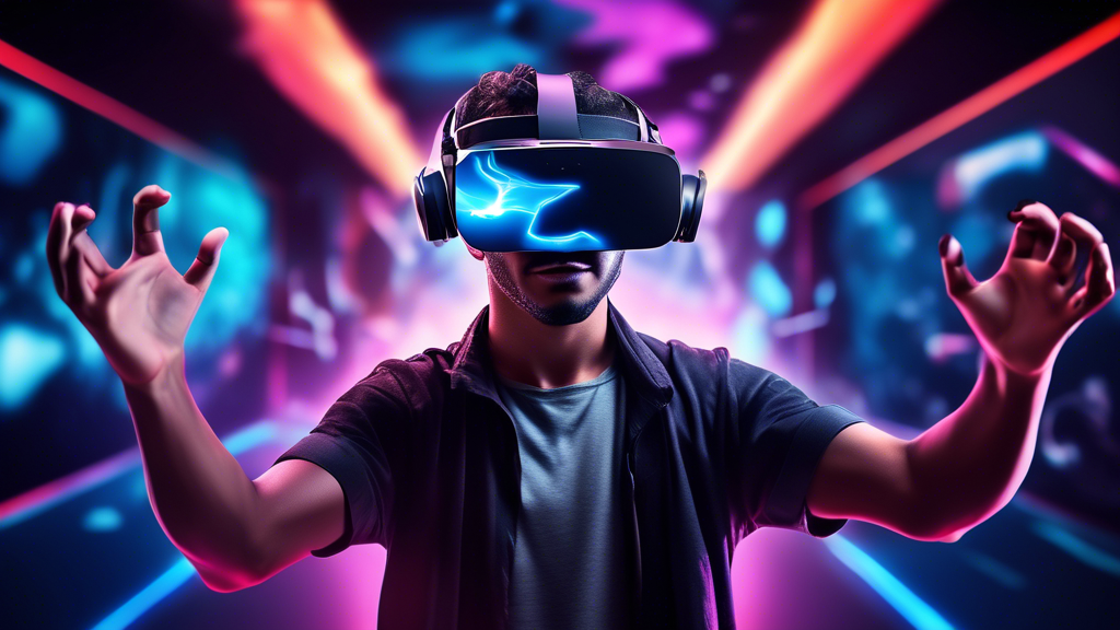 Create an image that showcases a gamer fully immersed in a stunning virtual reality game using a state-of-the-art VR headset. The player is depicted in a dynamic pose, with arms extending forward as if interacting with the virtual environment. The background should illustrate a vivid, fantastical game world blending with real-world elements, emphasizing the immersive experience. In the foreground, include hints of traditional gaming setups (PC, consoles) for comparison, highlighting the contrast between traditional gaming and VR gaming.