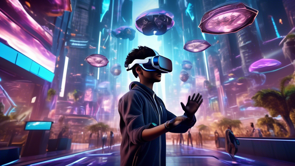 An ultra-modern virtual reality headset projecting an immersive futuristic gaming world filled with spectacular, vibrant landscapes and advanced technology. The scene captures a blend of futuristic elements, including advanced VR hardware and holographic game interfaces. Various fictional characters and NPCs can be seen interacting with users in a bustling virtual metropolis. Everything exudes a sense of advanced innovation and endless possibilities, highlighting the future potential and growth of the VR gaming industry.