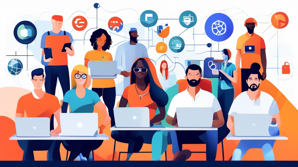 Create an image featuring a diverse group of people using their computers and smartphones, each employing different techniques to unblock websites. Show some individuals setting up VPNs, others configuring proxy servers, and others installing browser extensions and add-ons. The background should include popular browser logos (Chrome, Firefox, Safari, Edge) and visual elements like digital locks, globe icons for global access, and a sense of connection and security. Highlight the theme of unblock website browser through subtle on-screen messages or notifications on their devices.