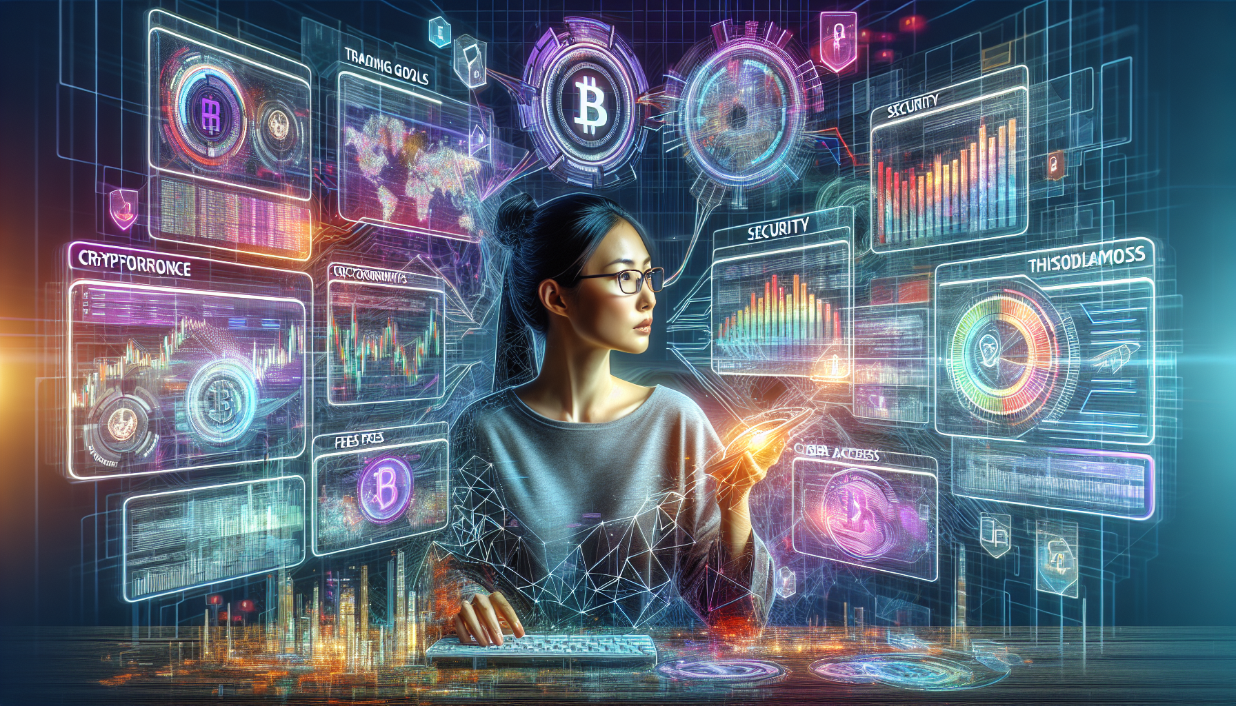 Create an image that features a tech-savvy person surrounded by holographic charts and data screens, comparing different cryptocurrency exchange platforms. The scene should have elements that convey security, like digital locks and shields, and showcase a wide array of cryptocurrencies. Subtle text labels indicating key considerations like Trading Goals, Security, Fees, and Market Access appear on the holographic interfaces. The background shows a futuristic cityscape, blending financial growth with cutting-edge technology. Title text: Choosing the Best Cryptocurrency Exchange for Your Needs in 2023. Keywords: best place to buy cryptocurrency.