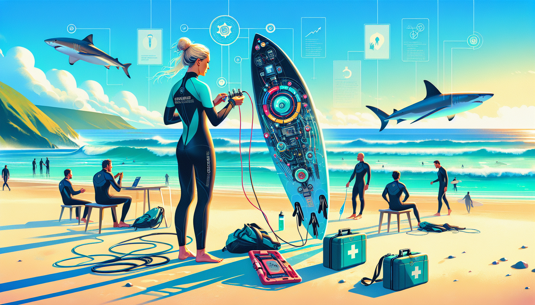 An exhilarating scene of a surfer preparing for a surf shark adventure: the surfer is on a sandy beach, checking their equipment, which includes a customized surfboard with a shark deterrent device, a wetsuit with embedded sensors, and a first aid kit nearby. In the background, expert surfers share safety tips and testimonials, with a vast ocean teeming with waves under a bright blue sky. Labels and detailed annotations highlight innovative technological gear and the essential safety techniques for surfing amongst sharks.