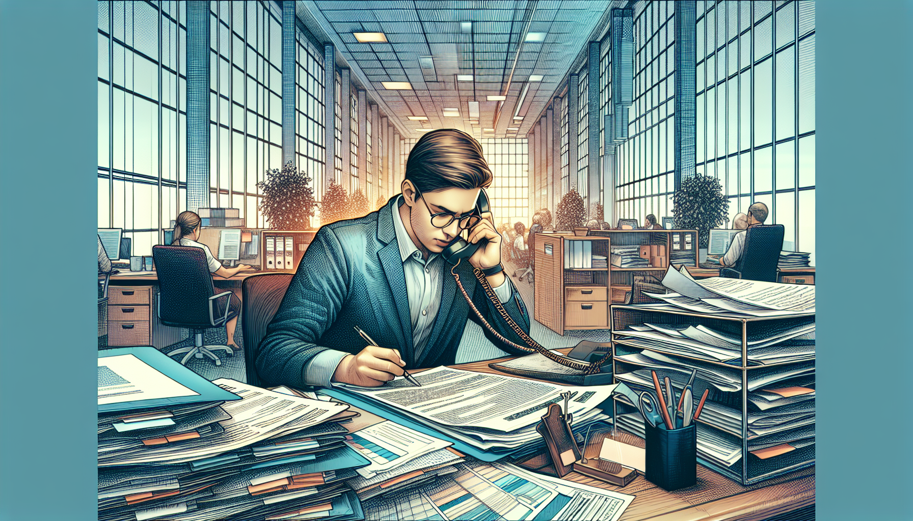 An employee in an office setting contacts Morgan and Morgan via a phone call, surrounded by necessary documents and paperwork for filing a workers comp claim, with a Morgan and Morgan attorney assisting over the phone, guiding through the forms and process in a professional and supportive manner.