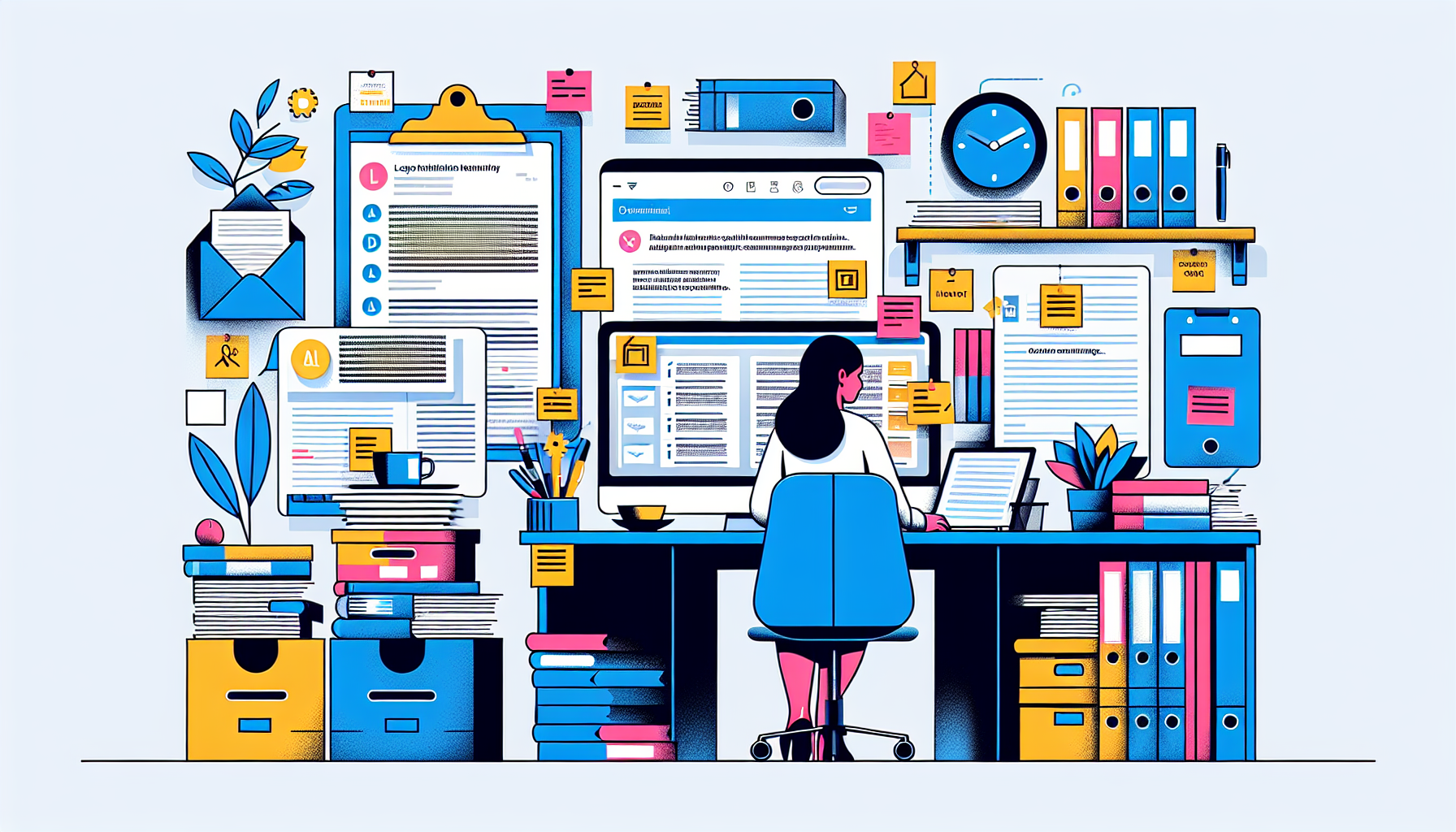 DALL-E prompt: Create an image of an organized office environment depicting a calm and focused atmosphere. In the scene, show a person seated at a desk, surrounded by neatly stacked files, documents, and a computer displaying email communications with a lawyer. Include visible notes and reminders about maintaining records and preparing for hearings. The image should convey a sense of preparedness and effective communication, within the context of a workers
