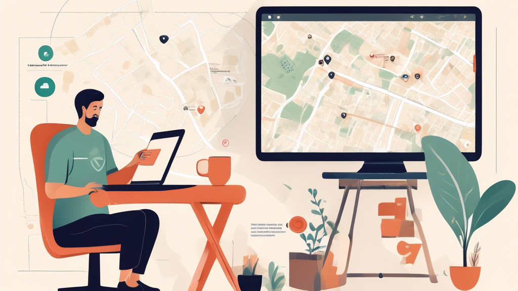Create an image that depicts a person using a laptop or smartphone to search for CVS DOT Physical Near Me. The screen should display a map with multiple CVS locations marked, highlighting the usability of online tools and resources. The background can show a cozy home setting, with elements such as a comfy chair, a cup of coffee, and a notepad to emphasize convenience and planning.