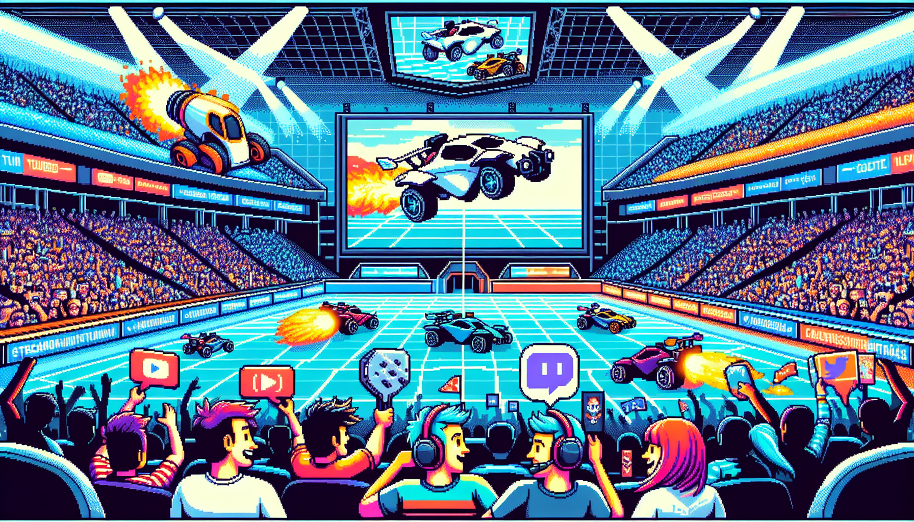 Create an image that captures the excitement and dynamism of the current Rocket League esports scene. Show a vibrant stadium filled with cheering fans, massive screens displaying real-time gameplay, and some of the top Rocket League teams and players in intense competition. Include visual elements like team logos, player avatars, and in-game rocket-powered cars performing acrobatic stunts. Highlight the role of streaming platforms by showing popular streamers or commentators with enthusiastic expressions, and incorporate icons for Twitch and YouTube to represent their influence. The overall scene should exude an atmosphere of high energy, professional competition, and community engagement.