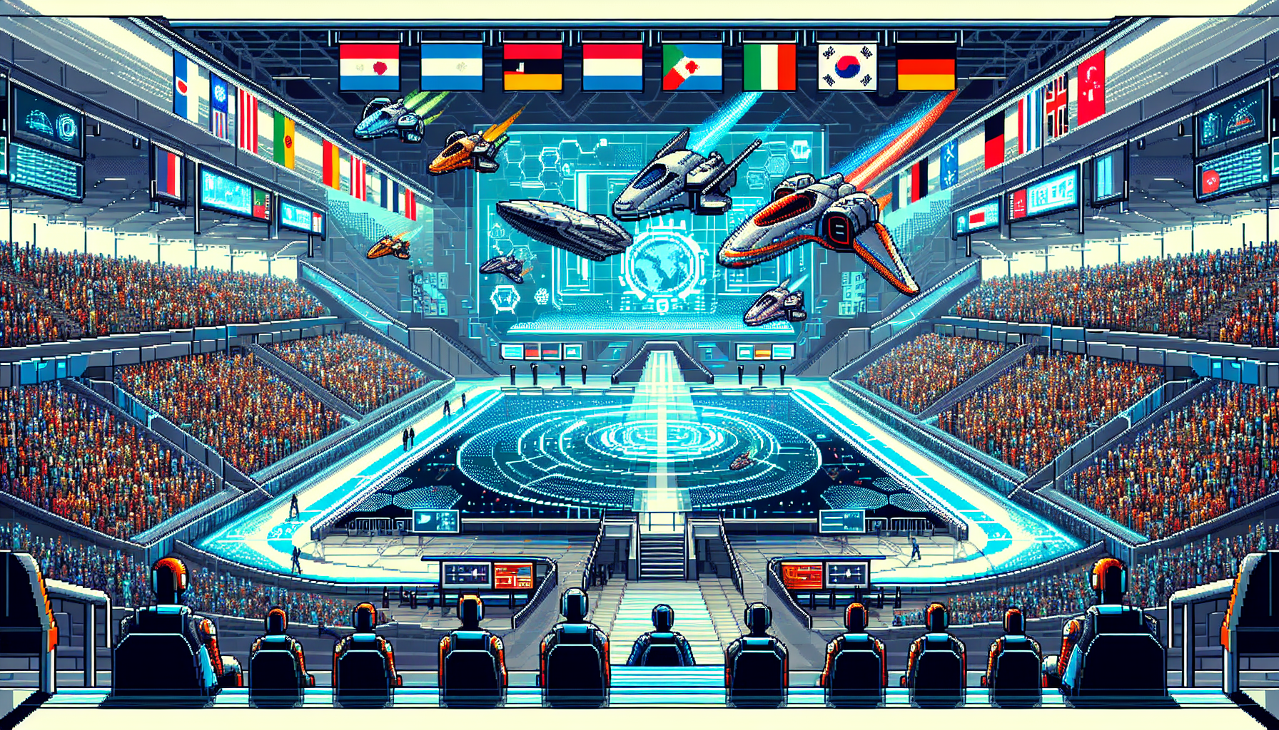 Create an image depicting the futuristic landscape of Rocket League esports. Show a high-tech arena filled with holographic displays and an enthusiastic crowd. The arena extends beyond borders with flags from various countries representing global participation. Flying cars with sleek, upgraded designs zoom across, enhanced by advanced graphics and augmented reality. In the background, diverse teams from different continents are preparing for a match, symbolizing the global expansion and future potential of Rocket League esports. Keywords: rocket league esports, futuristic arena, global expansion.