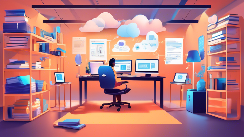 Create an illustration of a study space filled with various learning resources, books, and digital screens displaying content related to AWS Cloud Practitioner exam topics, such as cloud computing concepts, AWS services, security, and compliance. Highlight educational materials like online courses, flashcards, and practice tests, with a background emphasizing a focused and productive atmosphere. The setting should look inviting and conducive to learning, representing a balanced blend of technology and traditional study methods.