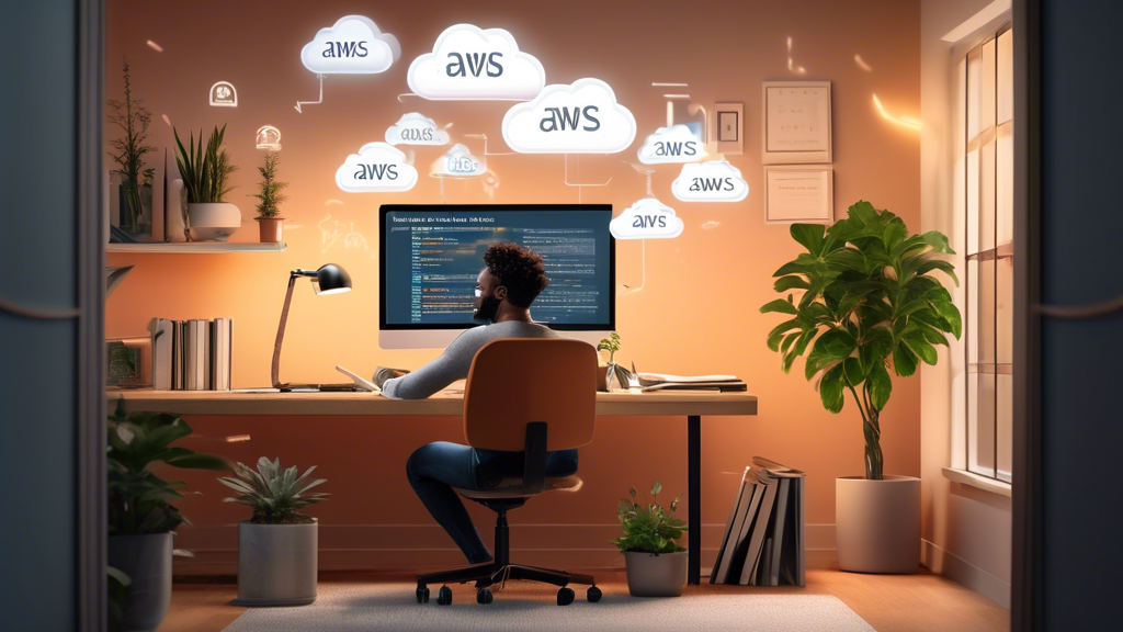 Create an image of a person successfully passing the AWS Cloud Practitioner certification exam. The setting is a modern home office with a computer screen displaying a passed exam notification. The person is smiling, showing excitement and relief. Surrounding the desk are AWS-related books and notes, with a cozy ambiance given by soft lighting and some indoor plants. Background elements should subtly incorporate cloud and technology themes, reinforcing the achievement in the context of AWS learning and professional growth.