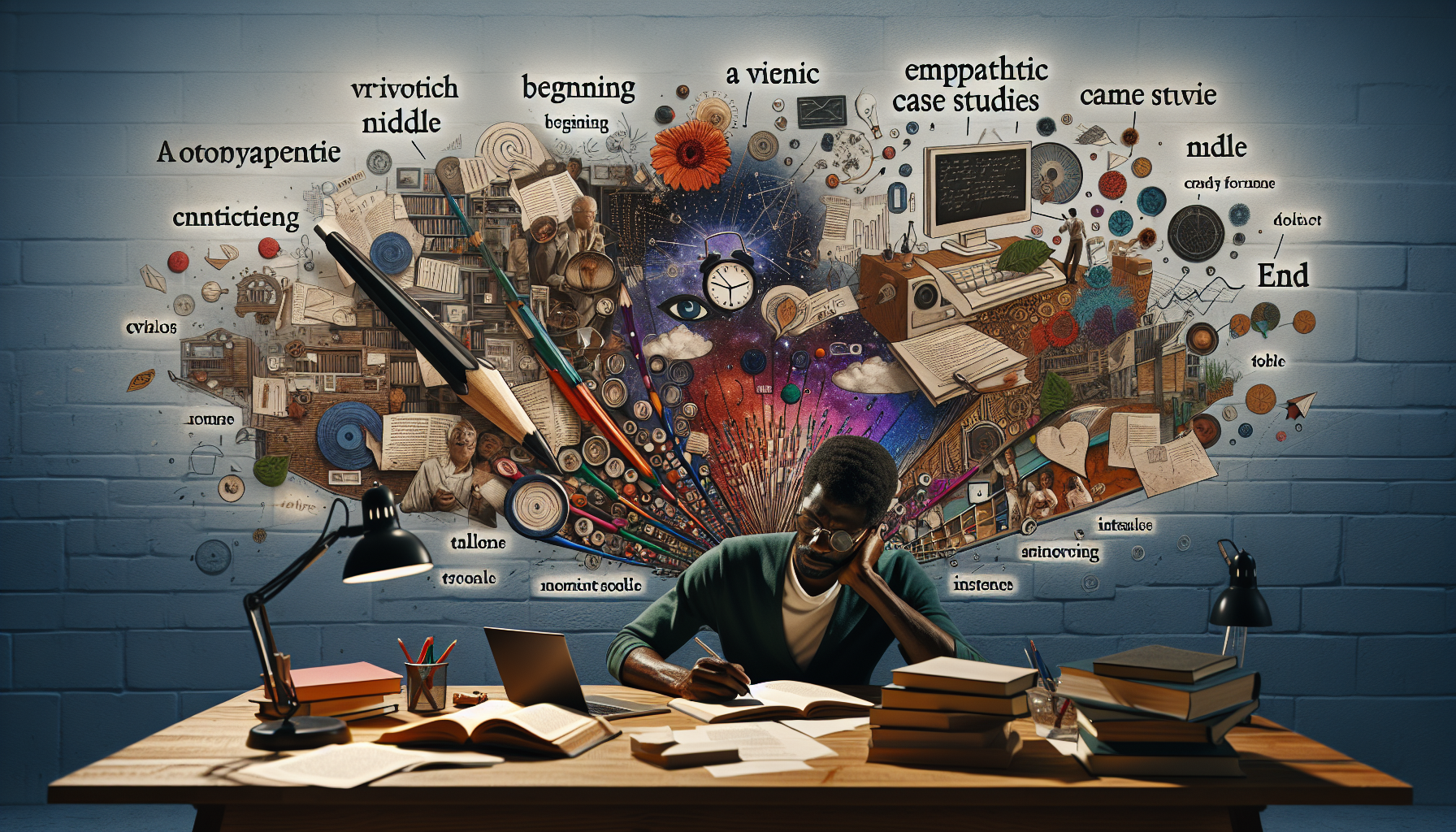 An image depicting a writer immersed in crafting a compelling story at their desk, with books and papers scattered around. In the background, transparent illustrations of classic storytelling elements flow from the writer
