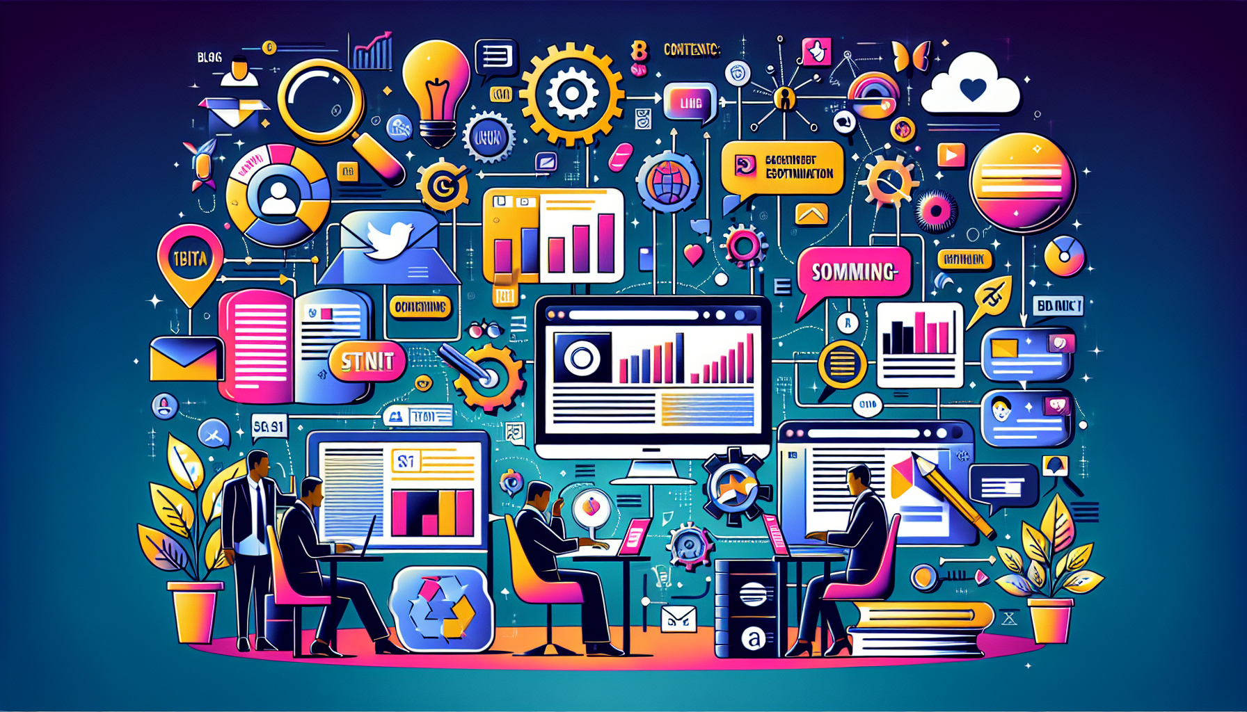 Generate a high-quality illustration that visually represents the optimization of content format and distribution. The illustration should showcase diverse content formats like blogs, videos, and infographics seamlessly integrated into a cohesive strategy. Emphasize the distribution aspect by featuring various platforms such as social media icons (Facebook, Twitter, Instagram, LinkedIn), email newsletters, and search engine optimization elements like keywords, title tags, and meta descriptions. Highlight the interconnectedness and the wide reach across different channels, all contributing to maximizing the content’s visibility and engagement. The overall theme should be modern, tech-savvy, and dynamic, symbolizing the multifaceted nature of effective content strategy.