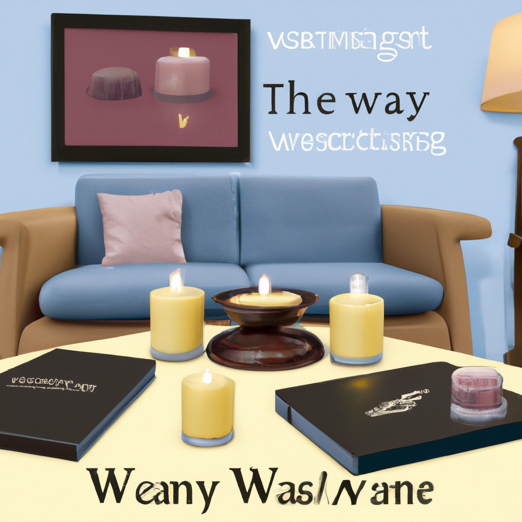 A cozy living room setting with a detailed step-by-step illustration on how to use wax melts. Show a stylish wax warmer with a melting wax cube, releasing a gentle aroma. Include a guidebook titled 