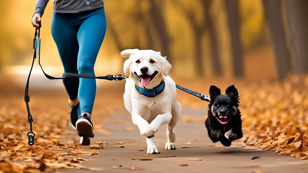 Create an image showcasing different types of dog running leashes, including standard, hands-free, and retractable varieties. Each type of leash should be highlighted with clear visuals demonstrating their specific benefits, such as simplicity and reliability for standard leashes, convenience for active runners with hands-free leashes, and versatility and freedom for dogs using retractable leashes. Surround the scene with an engaging backdrop of an outdoor running environment, illustrating how each leash type can be used effectively during a run. The image should convey a sense of movement, energy, and the special bond between runners and their dogs.