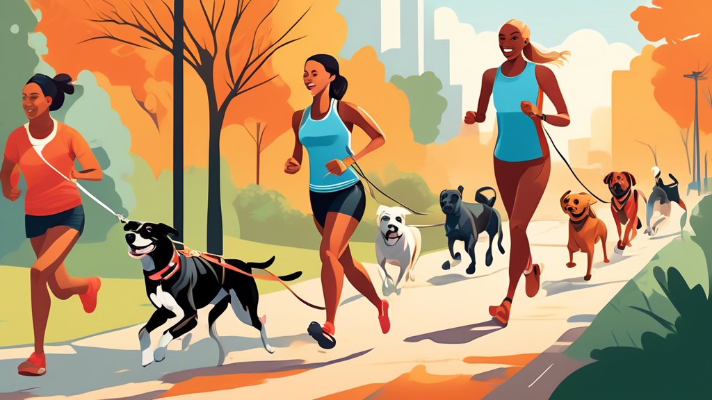 Create a vivid, high-quality digital illustration showcasing various dog owners running in different environments with their dogs on appropriate leashes. Each scene highlights a diverse range of dogs (various breeds and sizes) paired with specific running leashes that match their needs and environments. The background should include urban settings with reflective surfaces, countryside trails, and parks. The image should emphasize matching the appropriate dog leashes to the varying conditions and dog characteristics for a satisfying, safe running experience.