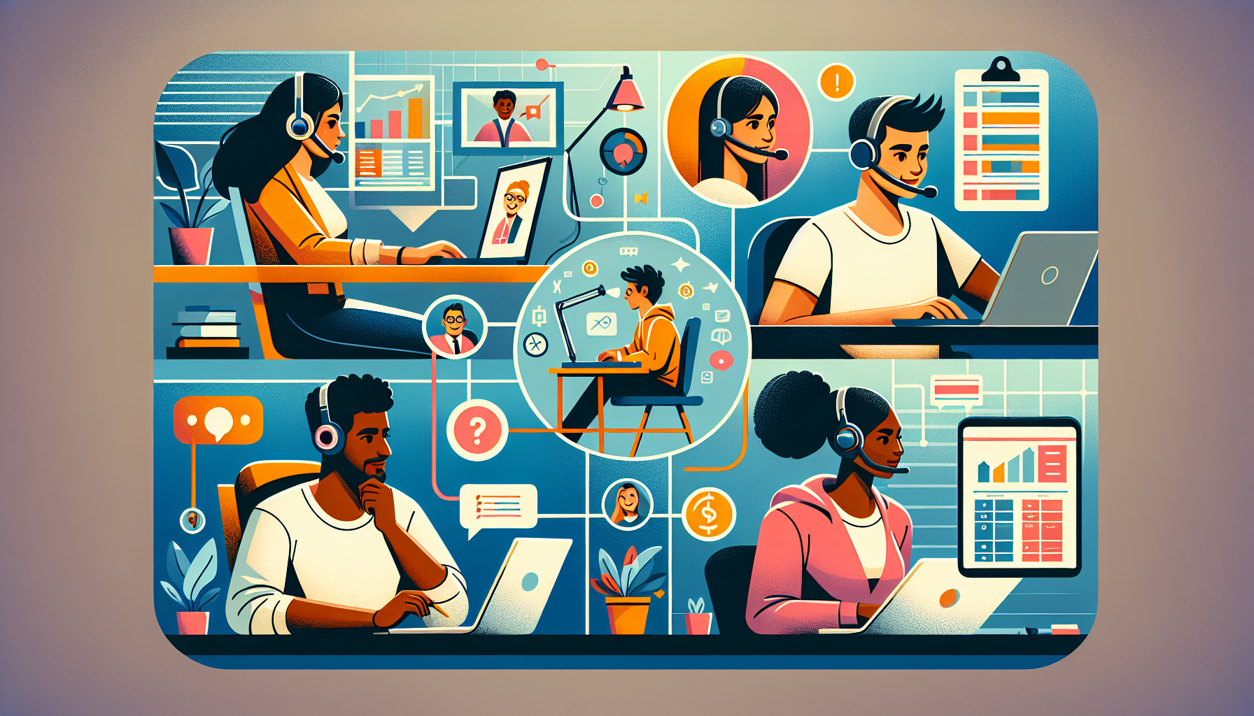 Create an image of a diverse group of people working remotely on various tasks at home, showcasing different side hustle jobs online. One individual is typing away on a laptop as a freelance writer, another is communicating over a headset as a remote customer service agent, another is holding a virtual video conference for online tutoring, and another is organizing schedules on a virtual assistant dashboard. To the side, include icons or brief projections of their potential earnings and some quick start guides or tips in a visually engaging manner. The background should feature cozy and organized home office setups to emphasize flexibility and a comfortable work environment.