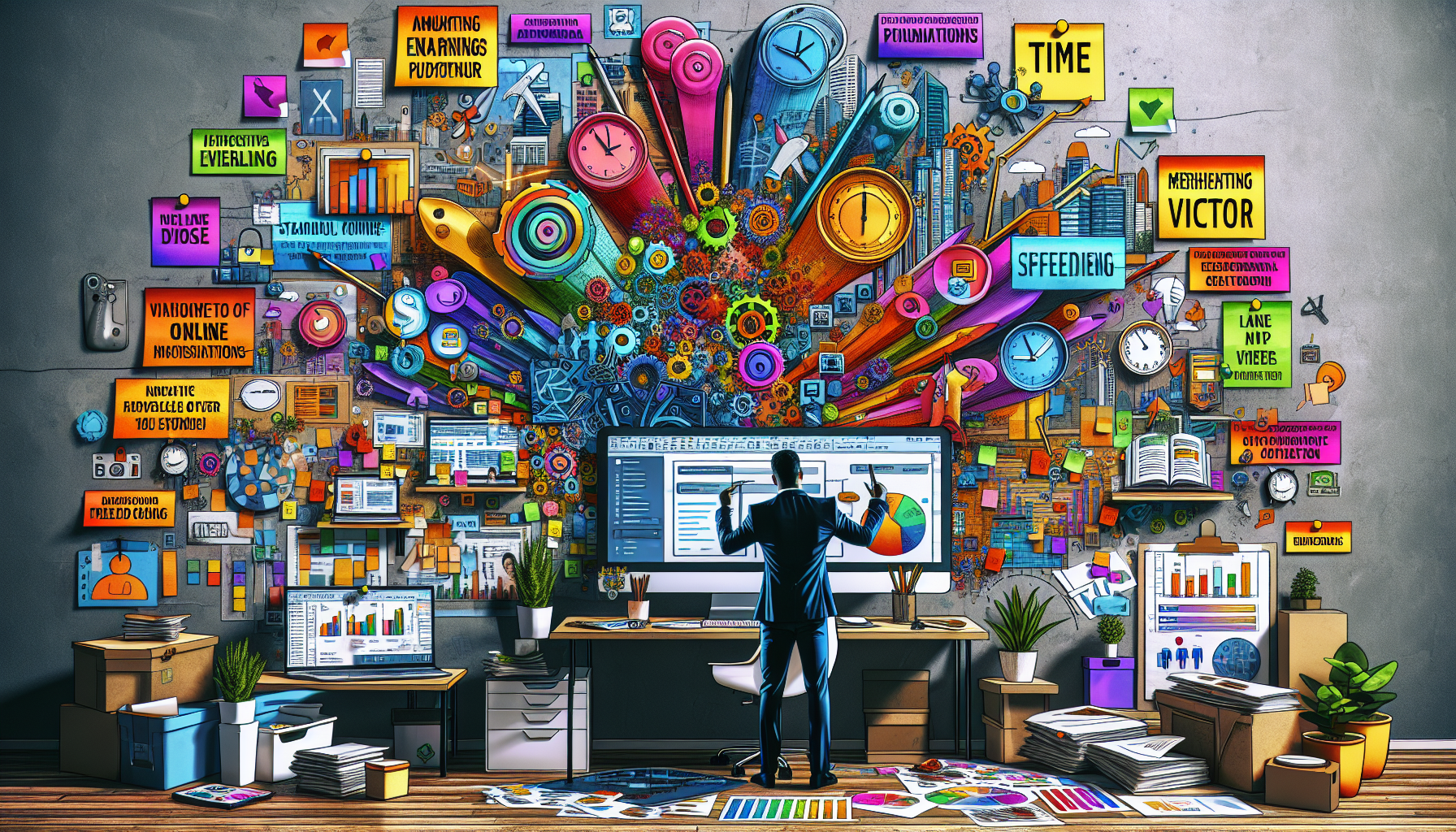 Create an image depicting a successful online side hustler in a well-organized home office, efficiently balancing multiple tasks. The background features a computer screen with various open apps and websites like freelance platforms and productivity tools. Surrounding the person are icons and visual elements representing time management, financial growth, and networking. Include motivational success stories on sticky notes pinned to a bulletin board above the desk. The overall vibe should be dynamic and aspirational, illustrating the potential for boosting income through online side hustles.