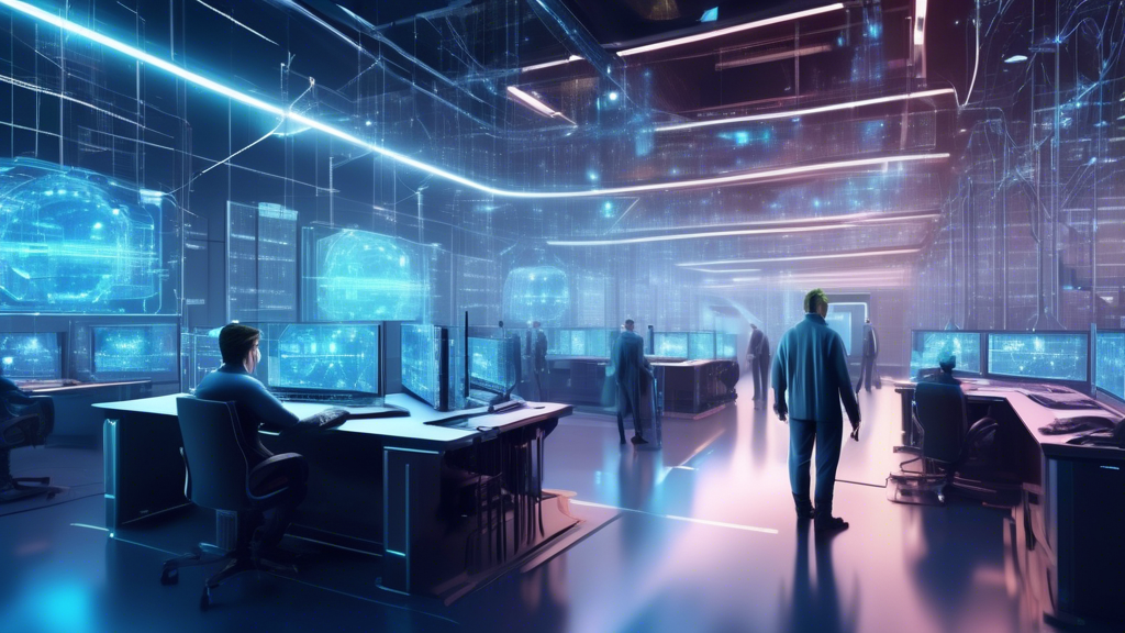 Create an image showcasing a futuristic scene of a high-tech crypto mining facility featuring some of the top upcoming crypto mining projects. Include advanced mining rigs, holographic displays, and digital blueprints of innovative technologies. Highlight a diverse team of experts, including engineers and analysts, discussing predictions and analyzing data on large transparent screens. The setting should be cutting-edge with sleek design elements to emphasize efficiency and profitability in the crypto mining sector.