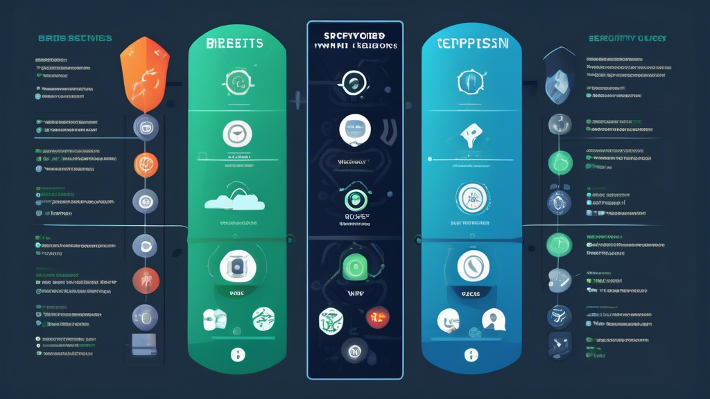 Create an image showing a side-by-side comparison chart of the best VPN services. Each column represents a top VPN provider, with icons and brief descriptions highlighting key features such as security, speed, user-friendliness, and customer reviews. The backdrop is a digital security theme with subtle patterns of locks and encrypted symbols, emphasizing the focus on data protection. 

Keyword: beste vpn.