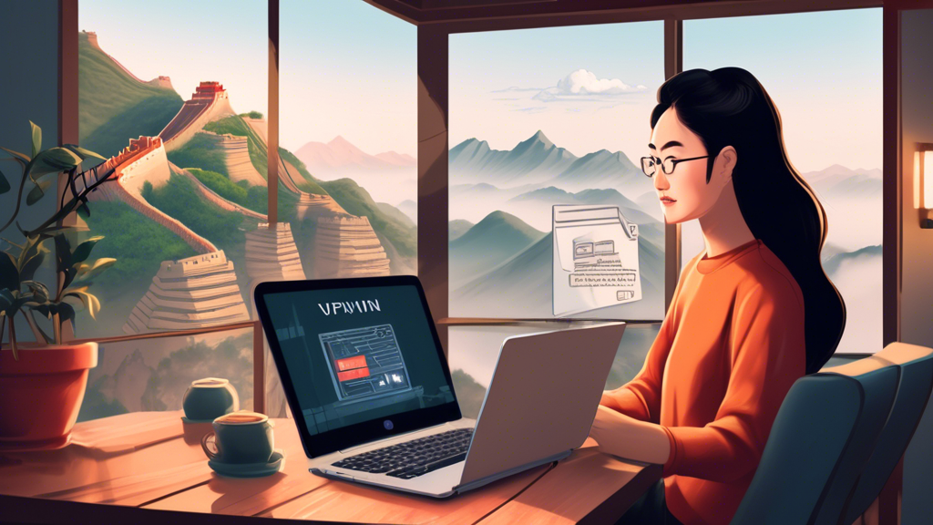 Create a detailed digital illustration featuring a user configuring their VPN settings on a laptop while in a modern apartment in Mainland China. The screen of the laptop should display VPN configuration options such as server selection, encryption protocols, and an 