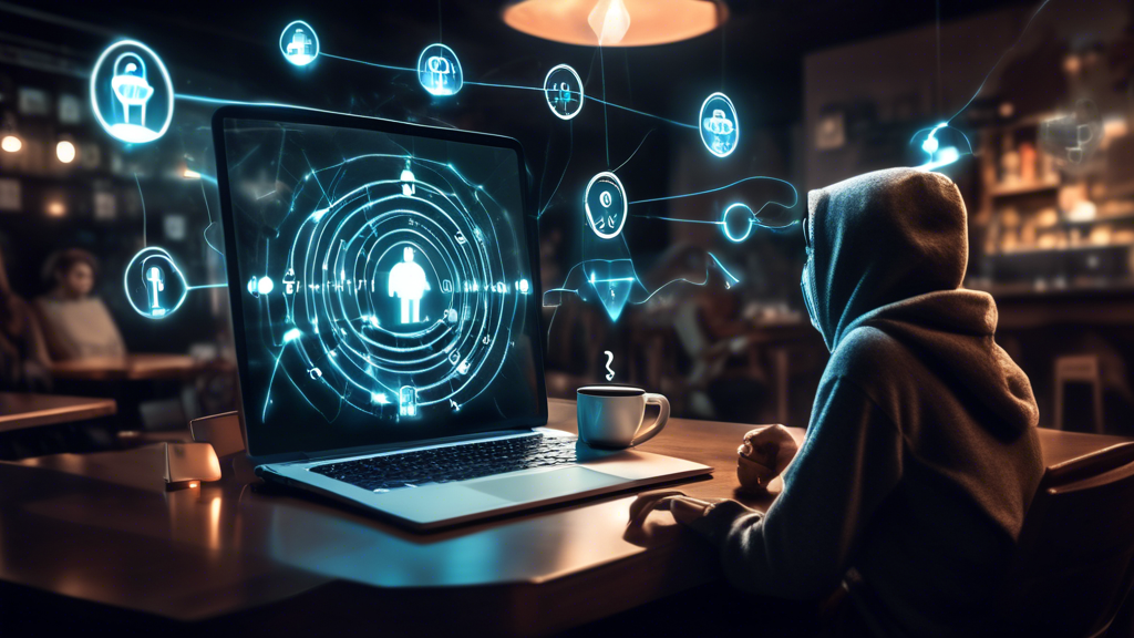 Prompt: A person using a laptop at a coffee shop, with public Wi-Fi symbols floating around them. The person looks cautious, their laptop screen displaying a VPN connection to illustrate a secure network. In the background, there are subtle, ghost-like images symbolizing potential hackers. The scene captures the tension between convenience and security in the context of using public Wi-Fi.