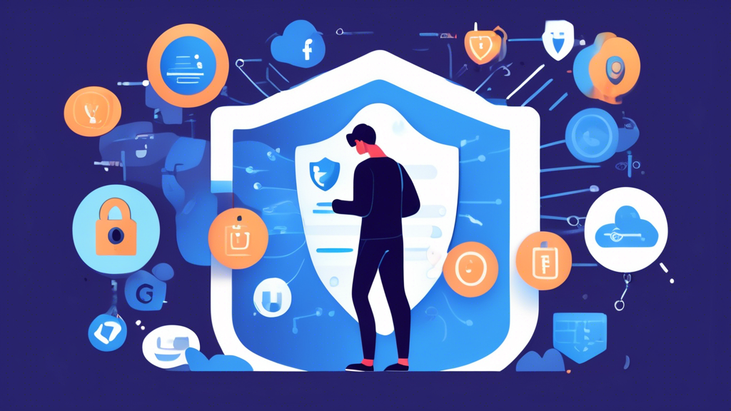 An illustration showing a person adjusting privacy settings on their social media account, with icons indicating privacy options, and a shield symbol representing protection. In the background, there are elements like a lock and key, social media logos, and a magnifying glass examining a digital footprint, symbolizing the importance of managing and understanding your online presence to protect your privacy on the internet.
