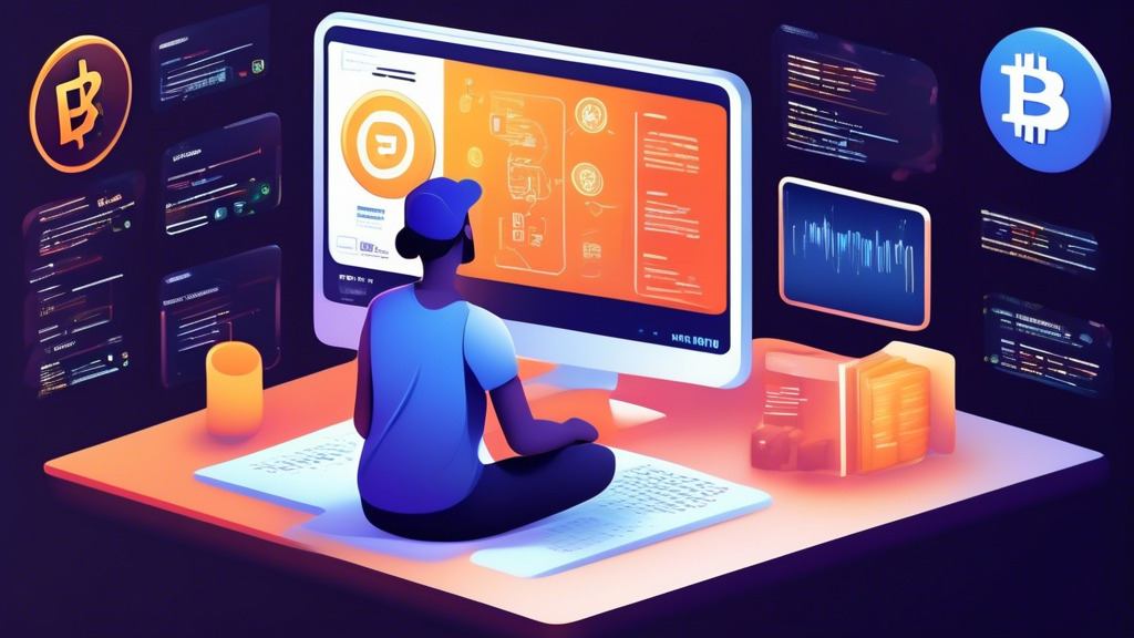 Create an image that shows a user sitting at a computer, exploring different options for crypto trading platforms. The screen displays various platform logos and features, while step-by-step registration instructions are visible. Around the user, display educational resources like books, online courses, and charts to emphasize the importance of learning. The overall tone should be modern, tech-savvy, and educational.