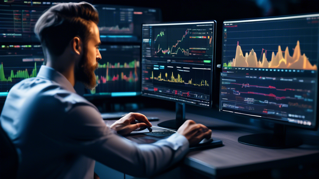 An image showing a trading platform interface with cryptocurrency charts and data. On one side, a trader is seen deeply analyzing the charts, taking notes, and planning strategies. In another split section, the same trader is shown managing risks by setting stop-loss orders and controlling emotions, with calming visuals and stress-relief elements like breathing exercises or a cup of tea. The background includes subtle blockchain and cryptocurrency icons to reinforce the theme. Text overlay reads 