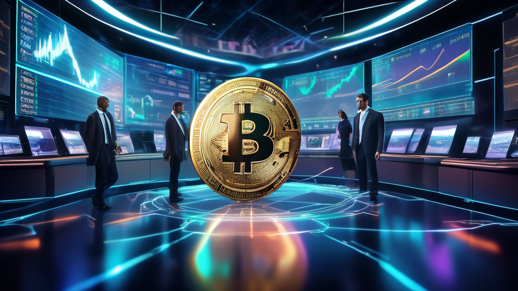 Create an image depicting the impact of Fidelity Crypto Trading on the future of the cryptocurrency markets. Show a futuristic stock exchange with holographic screens displaying crypto assets, traders in modern business attire, and a prominent Fidelity logo. Include elements symbolizing regulatory compliance and institutional support, such as digital stamps of approval and governmental insignia, to highlight the changing dynamics of digital asset trading.