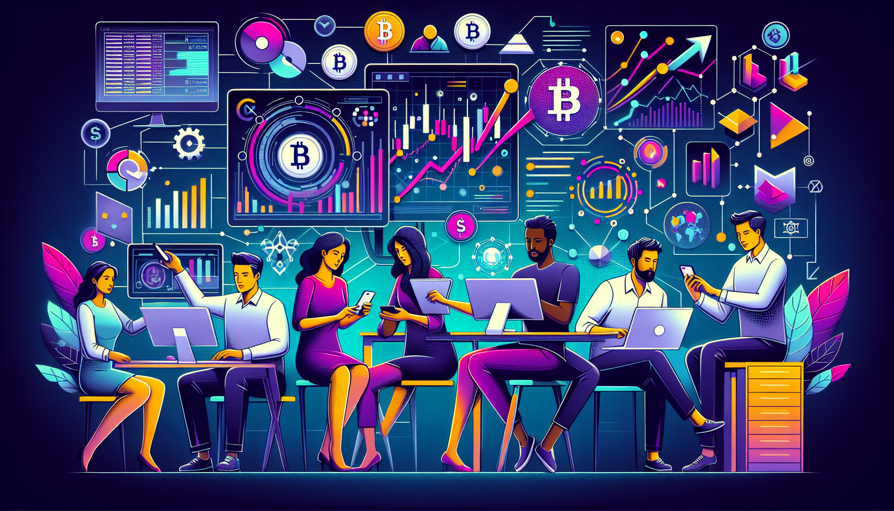 Create an image that captures the excitement and complexity of using Binance for cryptocurrency trading, investment, and staking. Depict a diverse group of users engaging with the Binance platform on various devices such as laptops, tablets, and smartphones. Show charts, graphs, and metrics on screens to signify trading activities, while also featuring symbols of popular cryptocurrencies like Bitcoin and Ethereum. Include representations of investment products and a staking process subtly in the background, emphasizing a secure and accessible environment tailored to both novice and experienced users. Use a vibrant and modern design with colors reflecting the digital finance world.
