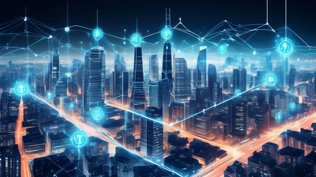 A sophisticated futuristic cityscape with a blend of traditional financial district landmarks and modern technology elements. In the forefront, a holographic visualization of blockchain data streams and DeFi platforms seamlessly integrated into the city