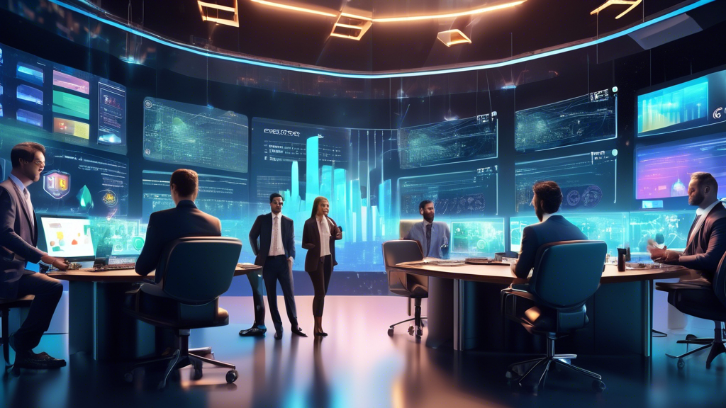 Create an image showcasing the future of capital finance in the crypto era, highlighting investment opportunities and financial innovation. The scene should depict a futuristic cityscape with towering digital screens displaying fluctuating cryptocurrency graphs and charts. In the foreground, feature diverse financial professionals and investors engaging in animated discussions and analyzing crypto portfolios on holographic devices. Include elements that symbolize blockchain technology, like interconnected digital nodes, and representations of major cryptocurrencies like Bitcoin and Ethereum to emphasize the transformative impact on capital finance.