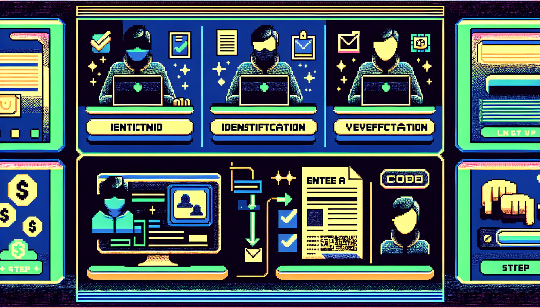 Create an instructional image that guides users on how to claim their $100 free play at Chumba Casino – depicting a clear, step-by-step process. The image should illustrate: first, a user signing up on the Chumba Casino website; second, verifying their identity with necessary documents; and third, entering a promotional code or completing promotional steps on the platform. Emphasize clarity with labeled sections and easy-to-understand visuals representing each step. Include elements of Chumba Casino branding, such as their logo and color scheme, for authenticity.