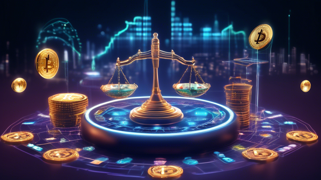 Create an image that depicts a virtual casino environment with a holographic overlay of cryptocurrency symbols (e.g., Bitcoin, Ethereum). In the background, incorporate elements such as a gavel and scales of justice to represent regulatory concerns. Add visual cues like fluctuating graphs to symbolize crypto volatility and a futuristic skyline to hint at future regulatory changes. The theme should be a mix of advanced technology and legal oversight, illustrating challenges and regulatory aspects in online casino crypto gambling.