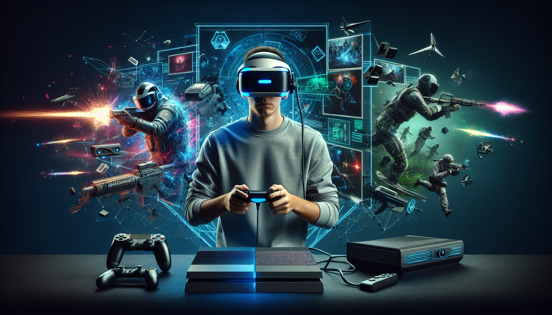 Create an image of a futuristic gaming setup centered around the brand new PS4. Show a gamer wearing a sleek VR headset, fully immersed in gameplay with dynamic virtual reality visuals bursting from the screen. Surround the scene with high-tech peripherals like motion-sensing controllers and a 3D audio headset. In the background, display posters of exclusive game titles, and illustrate an intense multiplayer environment with avatars and players engaged in dynamic, real-time action. Highlight the vibrant, advanced audio technologies with visual cues like sound waves and dynamic soundscapes enveloping the gamer.