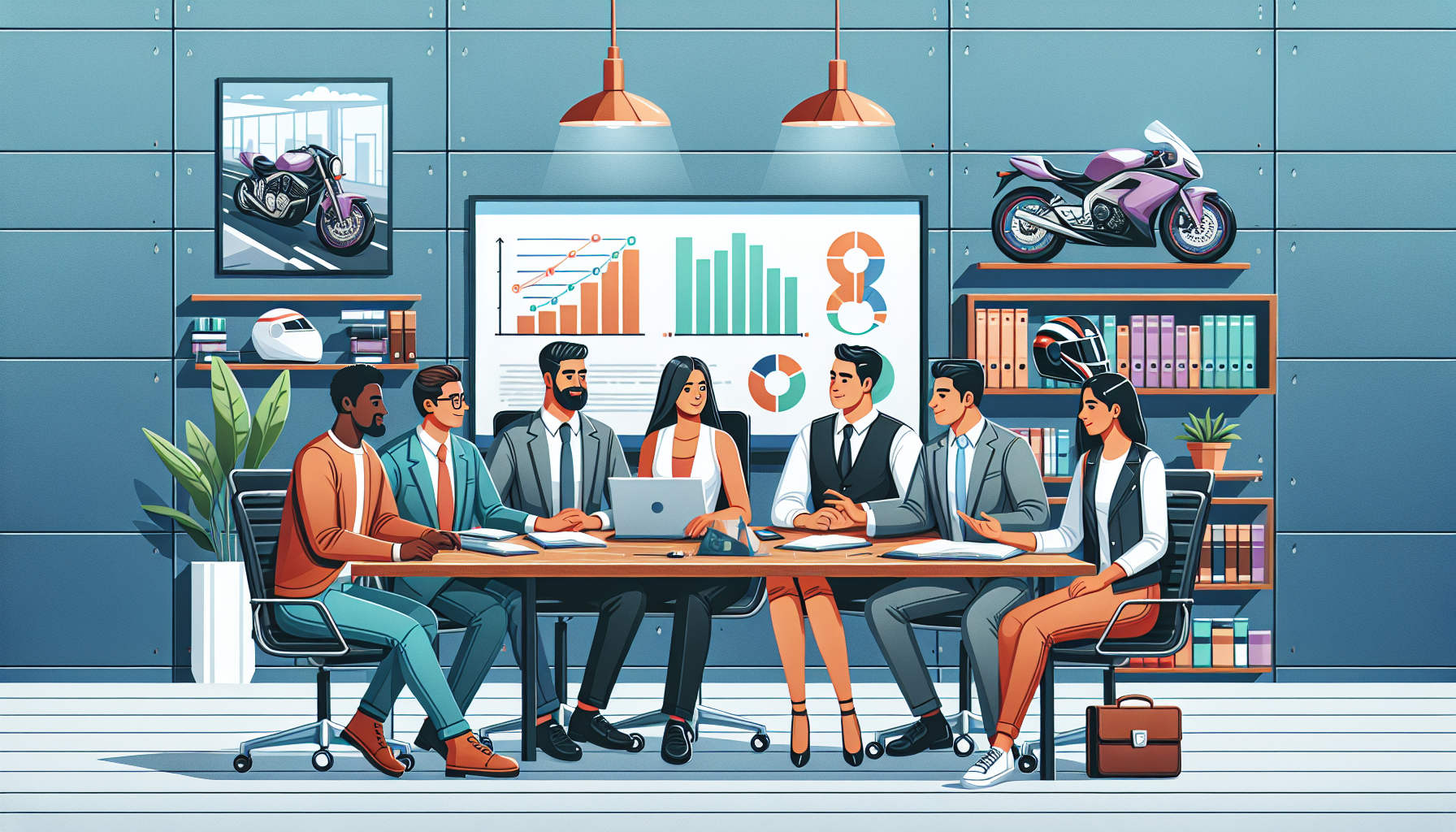 Image of a professional, diverse legal team sitting around a conference table discussing a motorcycle accident case, displaying charts with motorcycle laws and successful case statistics on a digital screen. Emphasize the warm communication among the team members, using an office setting that shows accessibility features like a clear, welcoming reception area and multiple ways to connect with lawyers, including computers and smartphones. Include a visible shelf with motorcycle helmets and legal books, symbolizing the blend of motorcycle expertise and legal mastery.