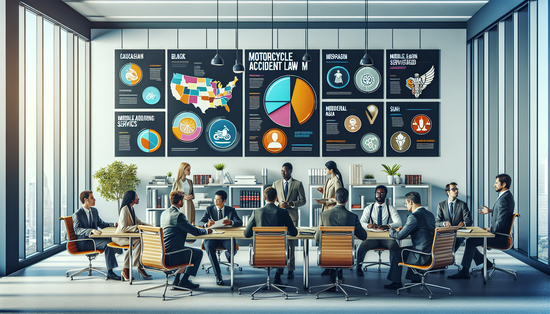 Digital showcase of the top 10 best motorcycle accident law firms, featuring an office setting with lawyers in discussion, display boards highlighting key strengths and achievements of each firm, a dynamic map showing geographic areas served, and icons symbolizing specialized services and client care.