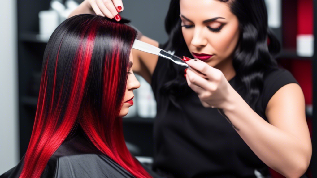 A step-by-step guide to achieving black hair with red foils: A stylist expertly applying vibrant red foils to jet-black hair in a modern salon setting. The scene should show clearly the products and tools used in the process — including foils, hair dye, gloves, a mixing bowl, and a brush. The background should be a sleek, well-lit salon with a professional ambiance.