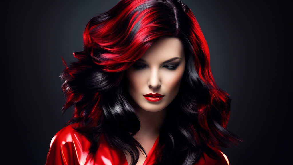 Create an image of a modern hairstyle featuring black hair with vibrant red foils. The person should have sleek, glossy hair, styled to accentuate the red highlights. Include professional haircare products and tools in the background, emphasizing their role in maintaining the shine and vibrancy of the hair. The setting should be a luxurious bathroom or salon, underscoring the importance of a quality hair care routine.