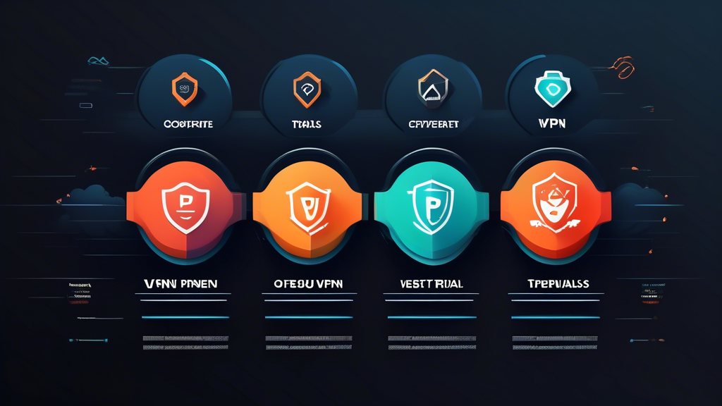 Create an image depicting a sleek and modern comparison chart showcasing the top VPN services offering the best free trials. Each VPN logo is prominently displayed in individual sections, accompanied by key details like trial duration, unique selling points, and any limitations. The backdrop should be a digital, tech-themed design to convey a sense of cybersecurity and privacy. Include subtle icons representing features like speed, security, and customer support. Highlight the keyword best VPN free trial in a bold, eye-catching font at the top.