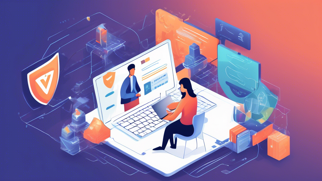 Create an illustration depicting a person following a step-by-step guide to safely unblock a website. The person is shown assessing the legality of unblocking the site, setting up a VPN on a laptop, using a proxy server, and configuring DNS settings. Surround the central figure with visual representations of VPNs (like a shield), proxy servers, and DNS configurations. Emphasize clarity and safety in the visual elements to convey a sense of secure and informed action.